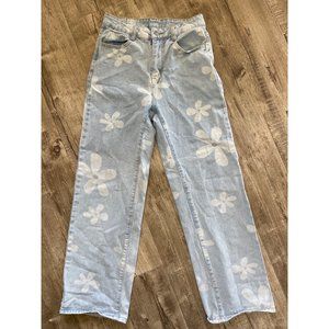 Shein Womens  Floral Print Jeans Size S Light Wash Denim Straight Leg High Waist